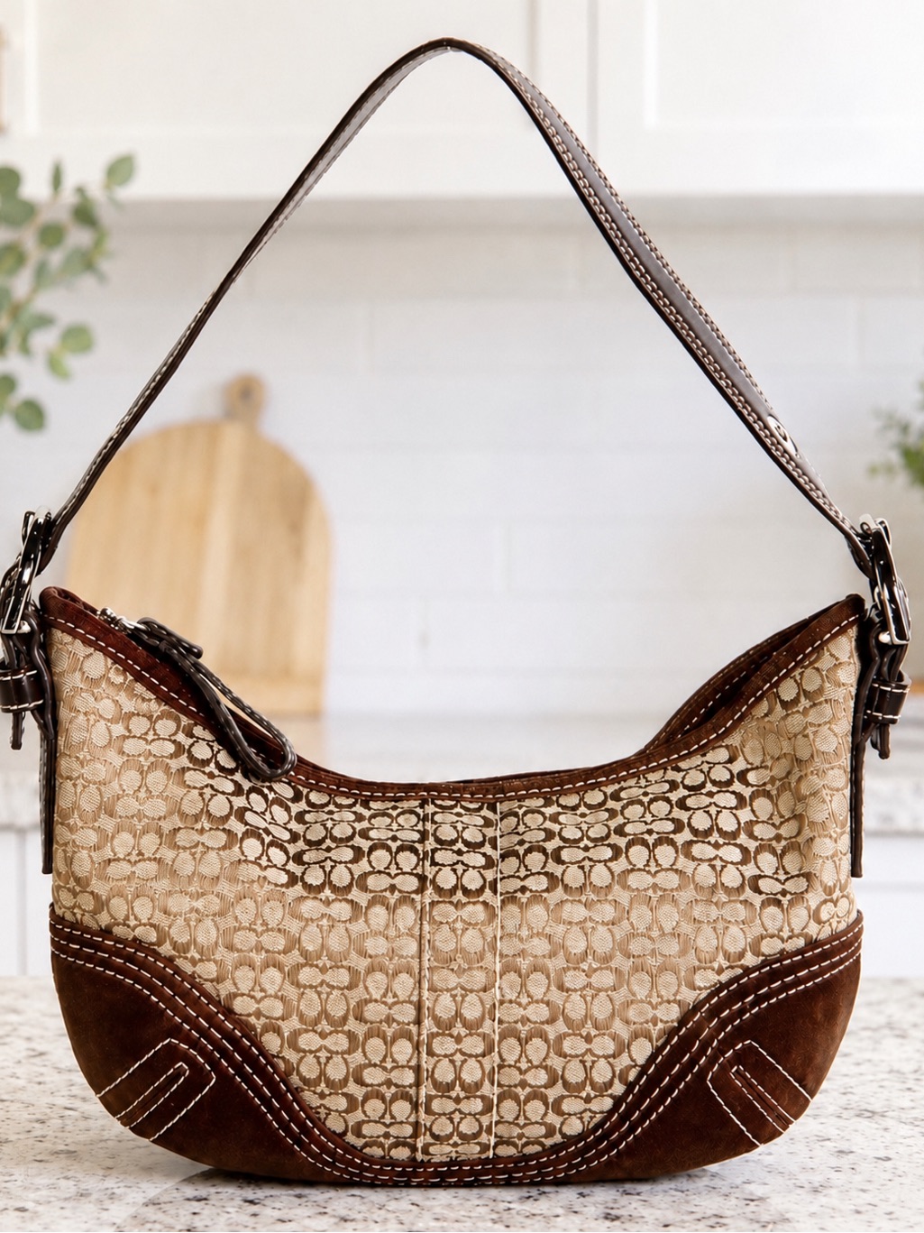 Coach Vintage Soho Mini Hobo Y2k Sign. Jacquard Brown Suede Trim Shoulder Bag
